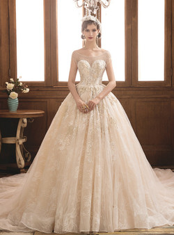 Shop 2019 Long & Short Champagne Tulle Lace Cap Sleeve Backless Wedding Dress With Beading With Factory Price From Kemedress