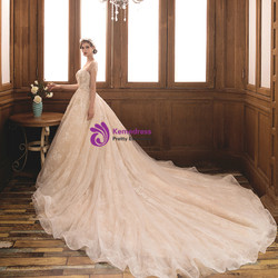 Shop 2019 Long & Short Champagne Tulle Lace Cap Sleeve Backless Wedding Dress With Beading With Factory Price From Kemedress