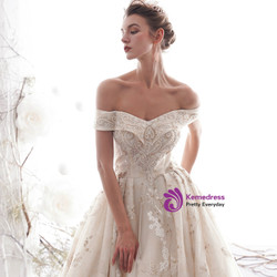Shop 2019 Long & Short Champagne Tulle Lace Appliques Off the Shoulder Wedding Dress With Train With Factory Price From Kemedress Shop 2019 Long & Short Champagne Tulle Lace Appliques Off the Shoulder Wedding Dress With Train With Factory Price From Kemedress