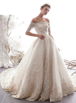 Shop 2019 Long & Short Champagne Tulle Lace Off the Shoulder Short Sleeve Wedding Dress Beading With Factory Price From Kemedress Shop 2019 Long & Short Champagne Tulle Lace Off the Shoulder Short Sleeve Wedding Dress Beading With Factory Price From Kemedress