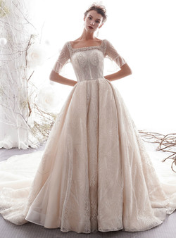 Shop 2019 Long & Short Champagne Ball Gown Tulle Sequins Square Short Sleeve Wedding Dress With Train With Factory Price From Kemedress