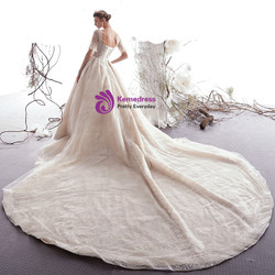 Shop 2019 Long & Short Champagne Ball Gown Tulle Sequins Square Short Sleeve Wedding Dress With Train With Factory Price From Kemedress