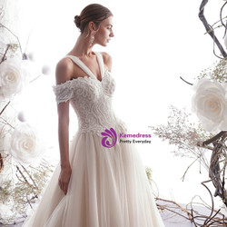 Shop 2019 Long & Short Champagne Tulle Lace Appliuqes Off The Shoulder Floor Length Wedding Dress With Factory Price From Kemedress