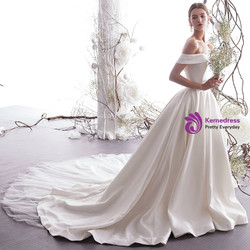 Shop 2019 Long & Short Charming Champagne Satin Tulle Off The Shoulder Wedding Dress With Factory Price From Kemedress