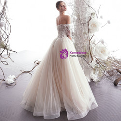 Shop 2019 Long & Short A-Line Champagne Tulle Off The Shoulder Short Sleeve Wedding Dress With Factory Price From Kemedress
