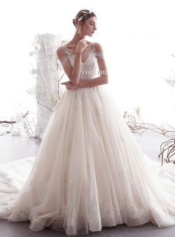 Shop 2019 Long & Short Champagne Ball Gown Tulle Appliques Bateau Backless Wedding Dress With Factory Price From Kemedress