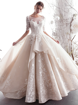 Shop 2019 Long & Short A-Line Champagne Tulle Appliques Sleeve Backless Floor Length Wedding Dress With Factory Price From Kemedress