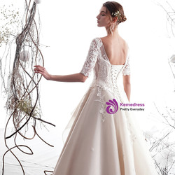 Shop 2019 Long & Short A-Line Champagne Tulle Appliques Sleeve Backless Floor Length Wedding Dress With Factory Price From Kemedress