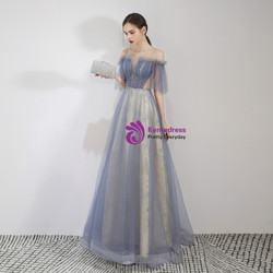 Shop 2019 Long & Short In Stock:Ship in 48 Hours Blue And Champagne Tulle Bateau Prom Dress With Factory Price From Kemedress