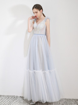 Shop 2019 Long & Short In Stock:Ship in 48 Hours Blue Tulle V-neck Long Prom Dress With Factory Price From Kemedress