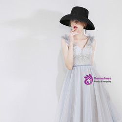 Shop 2019 Long & Short In Stock:Ship in 48 Hours Blue Tulle V-neck Long Prom Dress With Factory Price From Kemedress