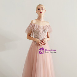 Shop 2019 Long & Short In Stock:Ship in 48 Hours Pink Tulle Off The Shoulder Appliques Prom Dress With Factory Price From Kemedress