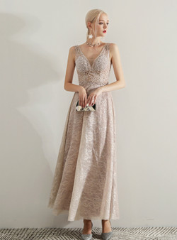 Shop 2019 Long & Short In Stock:Ship in 48 Hours Pink Lace V-neck Long Prom With Pearls With Factory Price From Kemedress