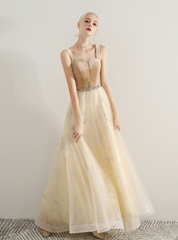 Shop 2019 Long & Short In Stock:Ship in 48 Hours Champagne Tulle Straps Prom Dress With Factory Price From Kemedress