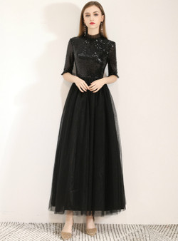 Shop 2019 Long & Short In Stock:Ship in 48 Hours Black Tulle Sequins Half Sleeve Long Prom Dress With Factory Price From Kemedress