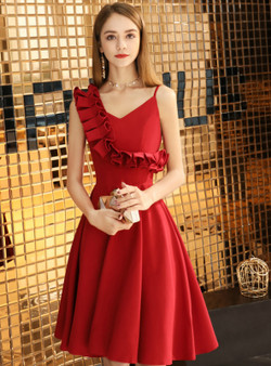 Shop 2019 Long & Short In Stock:Ship in 48 Hours Burgundy Satin Asymmetrical Neck Homecoming Dress With Factory Price From Kemedress