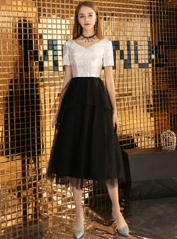 Shop 2019 Long & Short In Stock:Ship in 48 Hours Black Tulle Sequins V-neck Tea Length Prom Dress With Factory Price From Kemedress