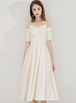 Shop 2019 Long & Short In Stock:Ship in 48 Hours Light Champagne Satin Off The Shoulder Short Sleeve Prom Dress With Factory Price From Kemedress