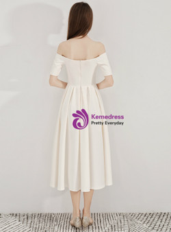Shop 2019 Long & Short In Stock:Ship in 48 Hours Light Champagne Satin Off The Shoulder Short Sleeve Prom Dress With Factory Price From Kemedress