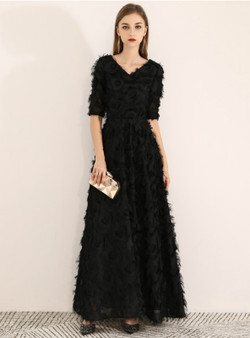 Shop 2019 Long & Short  In Stock:Ship in 48 Hours Black V-neck Short Sleeve Prom Dress With Factory Price From Kemedress