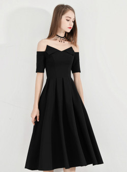 Shop 2019 Long & Short In Stock:Ship in 48 Hours Light Black Satin Off The Shoulder Short Sleeve Prom Dress With Factory Price From Kemedress