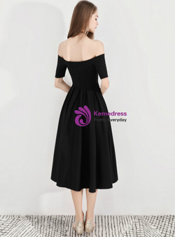 Shop 2019 Long & Short In Stock:Ship in 48 Hours Light Black Satin Off The Shoulder Short Sleeve Prom Dress With Factory Price From Kemedress