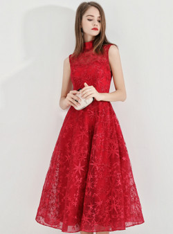 Shop 2019 Long & Short In Stock:Ship in 48 Hours Burgundy High Neck Lace Short Prom Dress With Factory Price From Kemedress