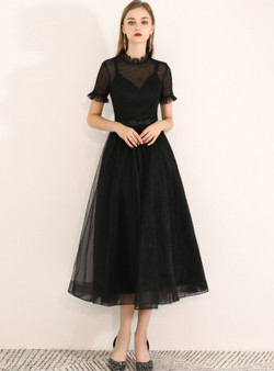 Shop 2019 Long & Short In Stock:Ship in 48 Hours Black High Short Sleeve Prom Dress With Factory Price From Kemedress