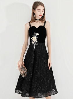 Shop 2019 Long & Short In Stock:Ship in 48 Hours Black Straps Lace Appliques Prom Dress With Factory Price From Kemedress