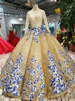 Shop 2019 Long & Short Gold Ball Gown Sequins High Neck Long Sleeve Appliques Wedding Dress With Factory Price From Kemedress