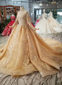 Shop 2019 Long & Short Gold Ball Gown Tulle Appliques High Neck Long Sleeve Wedding Dress With Factory Price From Kemedress