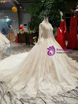 Shop 2019 Long & Short Light Champagne Ball Gown High Neck Long Sleeve Appliques Wedding Dress With Factory Price From Kemedress