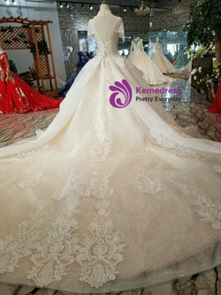 Shop 2019 Long & Short Light Champagne Ball Gown Sequins High Neck Backless Cap Sleeve Wedding Dress With Factory Price From Kemedress