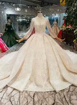 Shop 2019 Long & Short Light Champagne Ball Gown High Nack Backless Long Sleeve With Beading With Factory Price From Kemedress