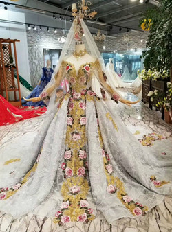 Shop 2019 Long & Short Gray Ball Gown Tulle Sequins High Neck Long Sleeve Wedding Dress With Embroidery Appliques With Factory Price From Kemedress