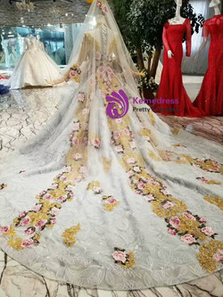 Shop 2019 Long & Short Gray Ball Gown Tulle Sequins High Neck Long Sleeve Wedding Dress With Embroidery Appliques With Factory Price From Kemedress