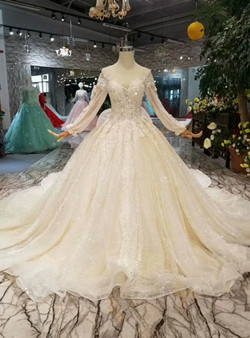 Shop 2019 Long & Short Light Champagne Ball Gown Tulle Sequins Long Sleeve Wedding Dress With Removable Train With Factory Price From Kemedress