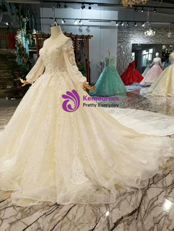 Shop 2019 Long & Short Light Champagne Ball Gown Tulle Sequins Long Sleeve Wedding Dress With Removable Train With Factory Price From Kemedress
