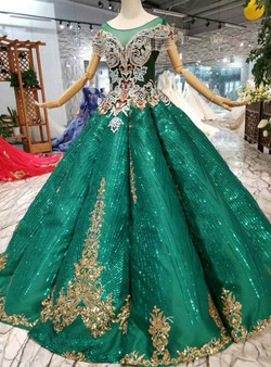 Shop 2019 Long & Short Green Ball Gown Sequins Bateau Appliques Cap Sleeve Wedding Dress With Factory Price From Kemedress