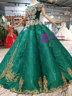 Shop 2019 Long & Short Green Ball Gown Sequins Bateau Appliques Cap Sleeve Wedding Dress With Factory Price From Kemedress