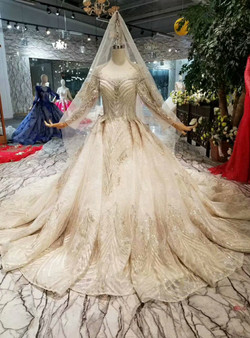 Shop 2019 Long & Short Luxury Champagne Tulle Sequins Bateau Long Sleeve Wedding Dress With Beading With Factory Price From Kemedress