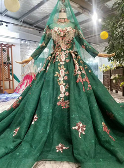 Shop 2019 Long & Short Dark Green Ball Gown Lace High Neck Long Sleeve Embroidery Appliques Wedding Dress With Factory Price From Kemedress