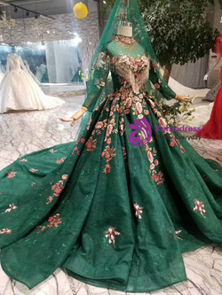 Shop 2019 Long & Short Dark Green Ball Gown Lace High Neck Long Sleeve Embroidery Appliques Wedding Dress With Factory Price From Kemedress