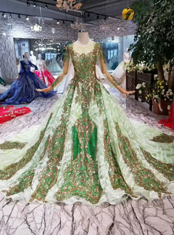 Shop 2019 Long & Short Green Ball Gown Tulle Sequins Long Sleeve Wedding Dress With Train With Factory Price From Kemedress