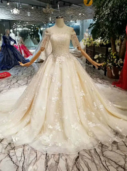 Shop 2019 Long & Short Champagne Ball Gown Tulle Appliques Off The Shoulder Short Sleeve Wedding Dress With Factory Price From Kemedress Shop 2019 Long & Short Champagne Ball Gown Tulle Appliques Off The Shoulder Short Sleeve Wedding Dress With Factory Price From Kemedress