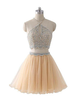 Shop 2019 Long & Short Champagne Tulle Two Piece Halter Homecoming Dress With Beading With Factory Price From Kemedress