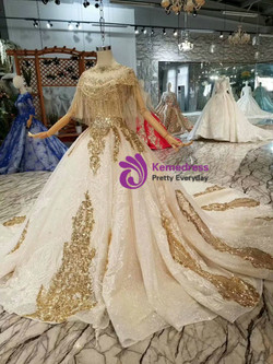 Shop 2019 Long & Short Champagne Ball Gown Tulle Sequins Off The Shoulder Wedding Dress With Shawl With Factory Price From Kemedress