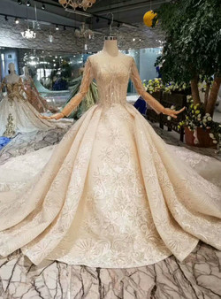 Shop 2019 Long & Short Champagne Ball Gown Tulle Sequins Long Sleeve Wedding Dress With Long Train With Factory Price From Kemedress