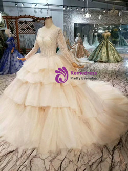 Shop 2019 Long & Short Champagne Tulle Bateau Long SLeeve Backless Beading Wedding Dress With Factory Price From Kemedress