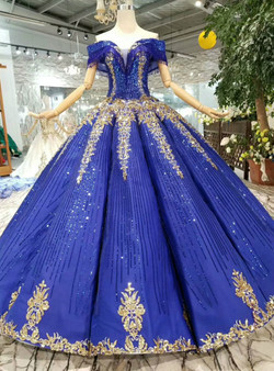 Shop 2019 Long & Short Royal Blue Sequins Off The Shoulder Gold Sequins Appliques Wedding Dress With Beading With Factory Price From Kemedress